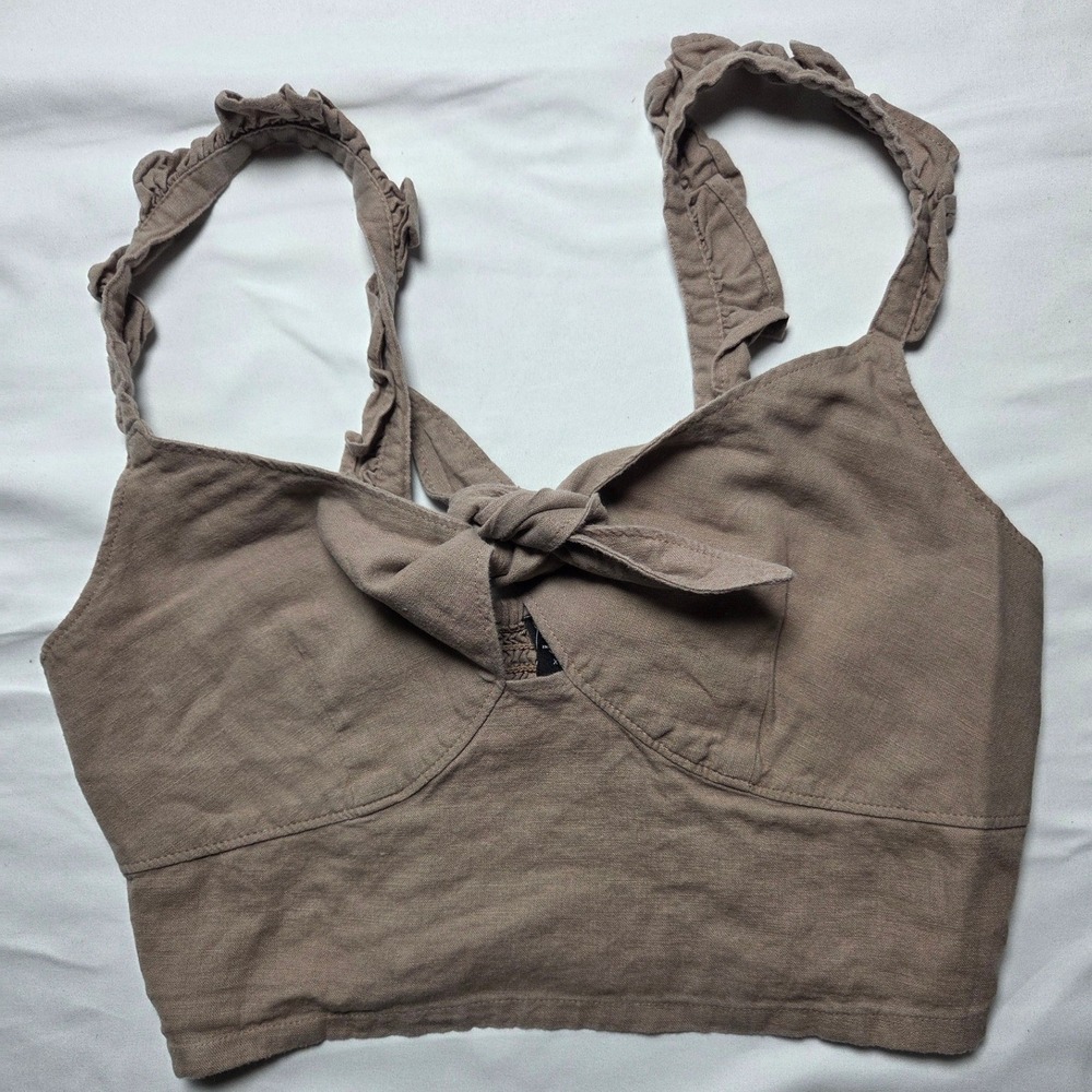 Express Womens XS Taupe Brown Linen Blend Tie Front Ruffle Strap Crop Top